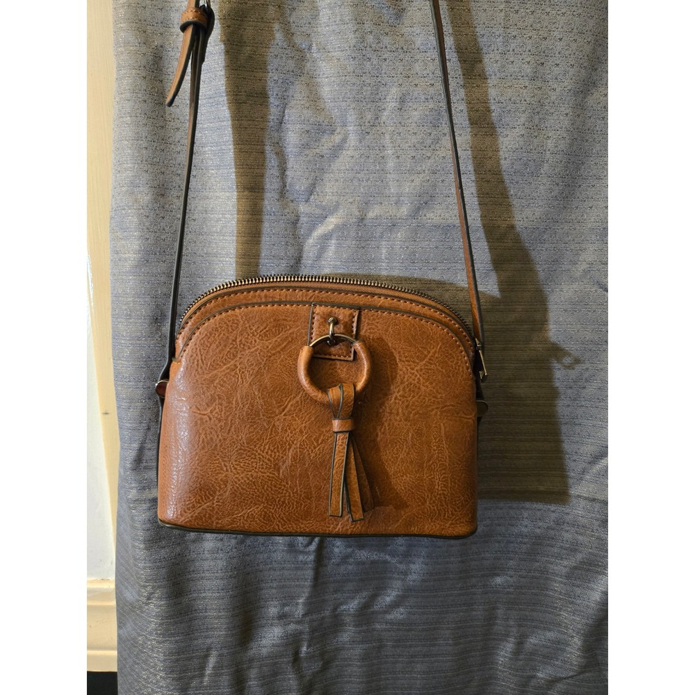 Brown Faux Leather Crossbody Bag with Tassel Detail & Adjustable‎ Strap